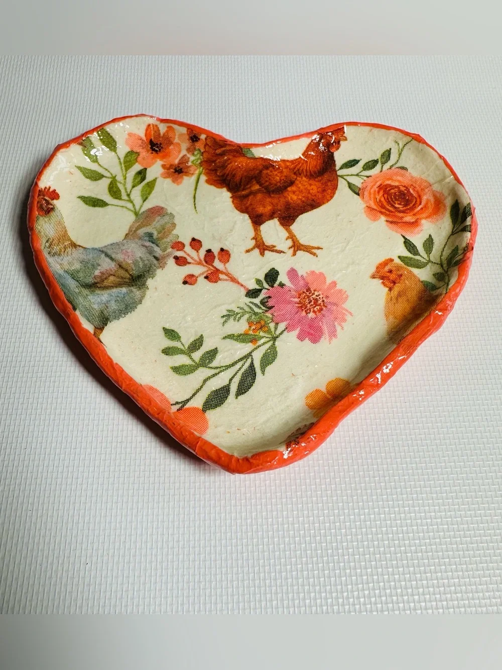 Heart Shaped Clay Trinket with Chicken Floral Design